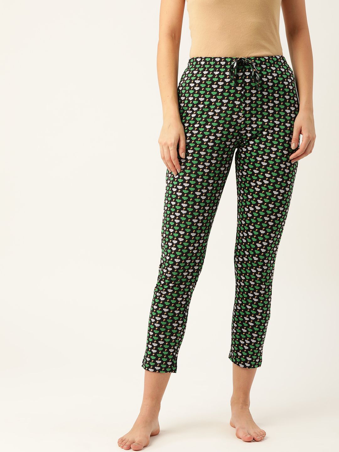 ETC Women Black & Green Conversational Print Cropped Lounge Pants Price in India