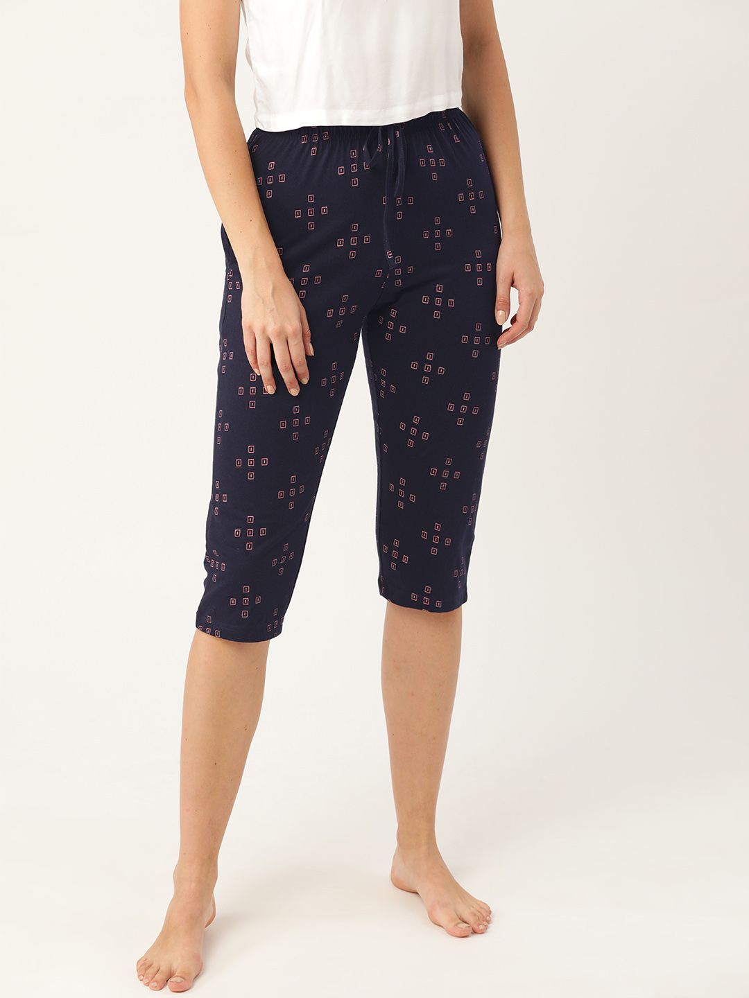 ETC Women Navy Blue & Pink Printed Knitted Lounge Capris Price in India