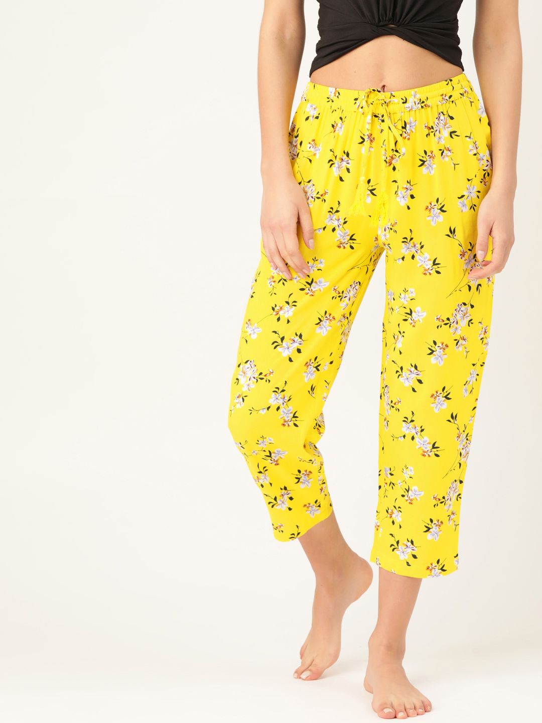 ETC Women Yellow & White Floral Printed Lounge Pants Price in India