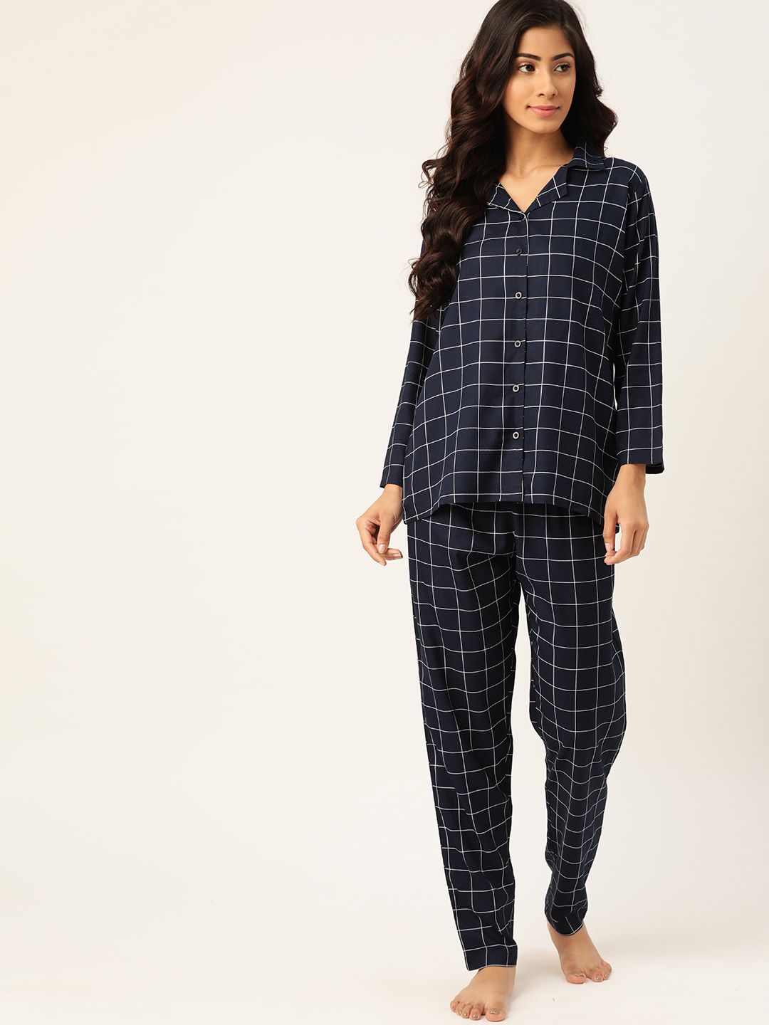 ETC Women Navy Blue & White Checked Night suit Price in India