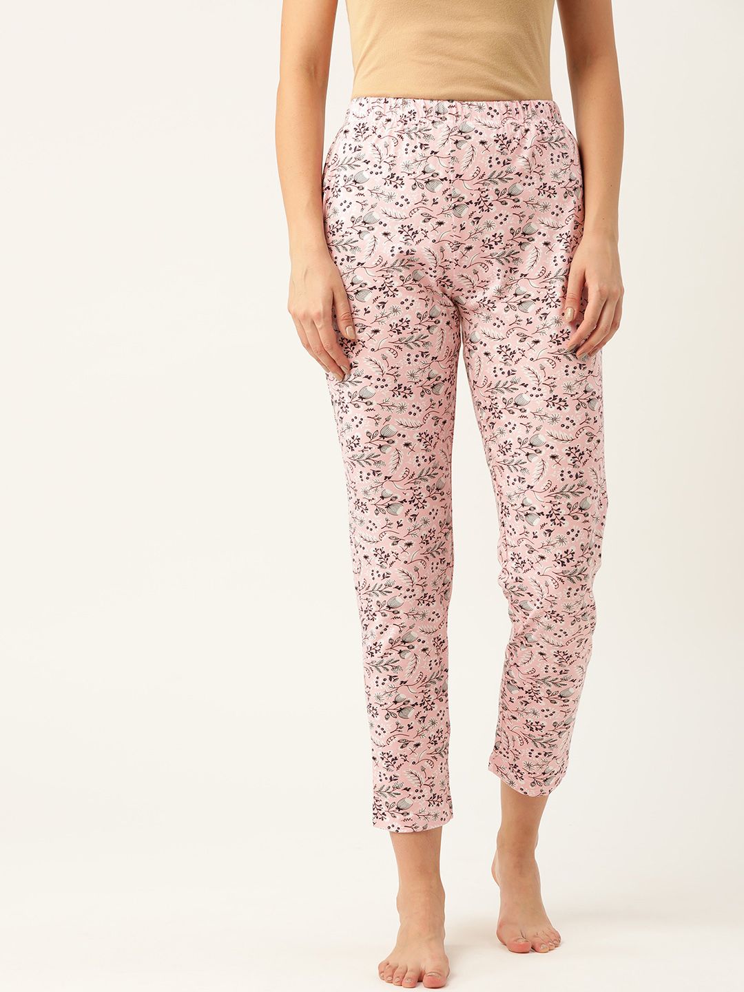ETC Women Pink & Black Floral Print Pure Cotton Cropped Lounge Pants Price in India