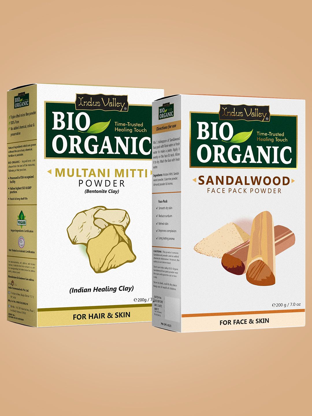 Indus Valley BIO Organic Multani Mitti & Sandalwood Face Pack Powder Combo 200g each
