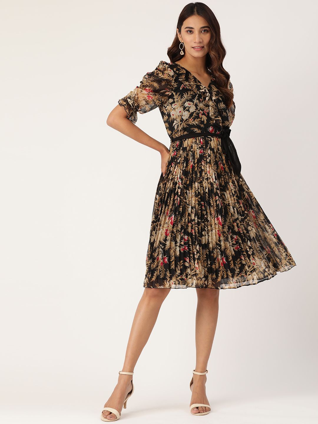 Antheaa Black & Beige Floral Printed Accordion Pleated Wrap Dress With Belt Price in India