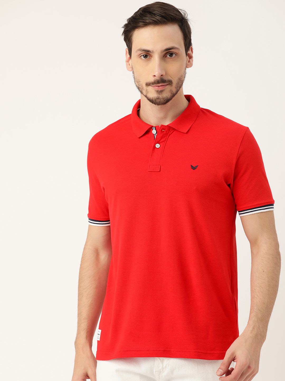 RED & BLUE Men Red Solid Pure Cotton Polo Collar T-shirt