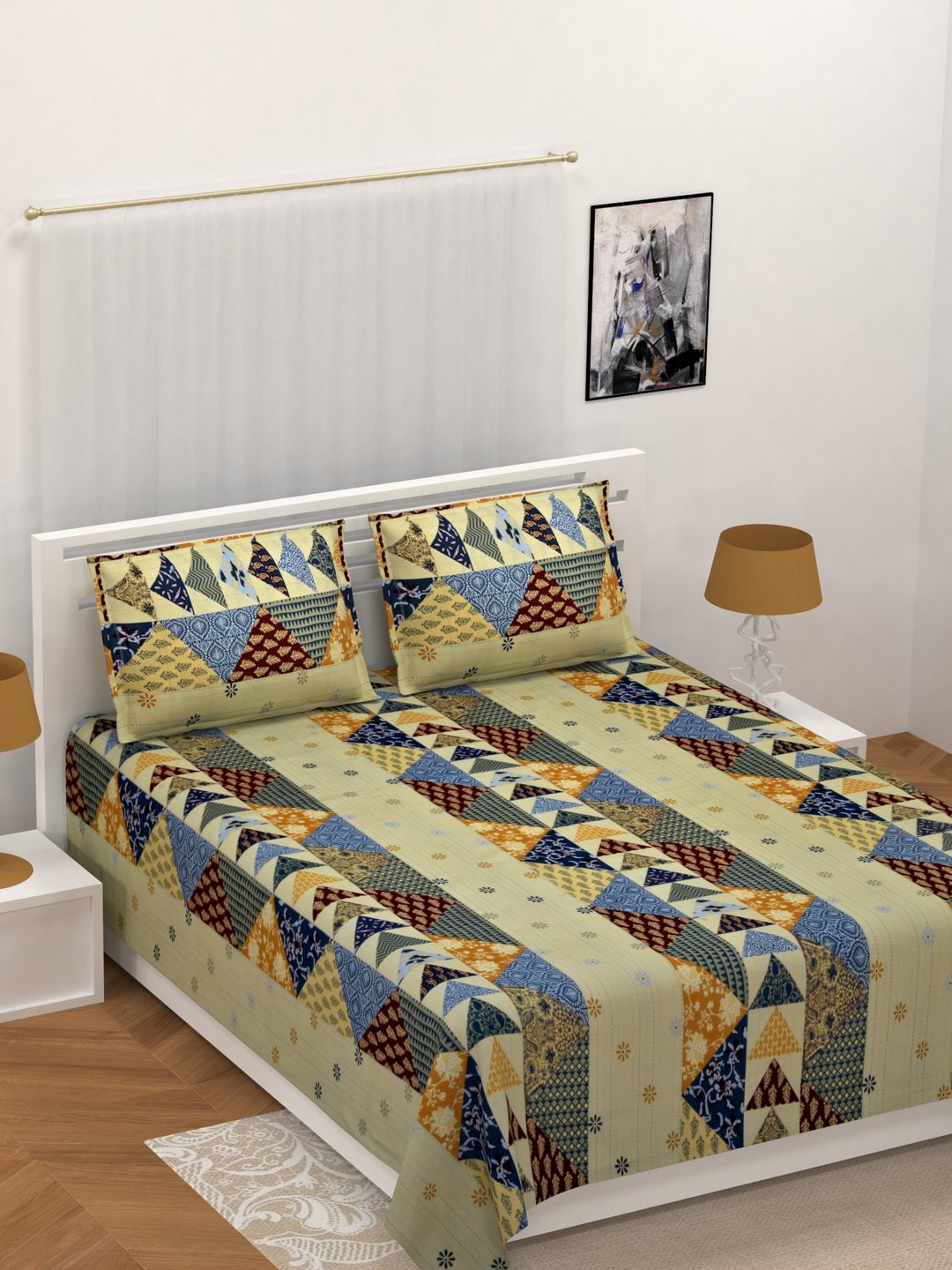 eCraftIndia Beige & Blue Kantha Patchwork Printed 210 TC Cotton Double King Bedsheet With 2 Pillow Covers Price in India