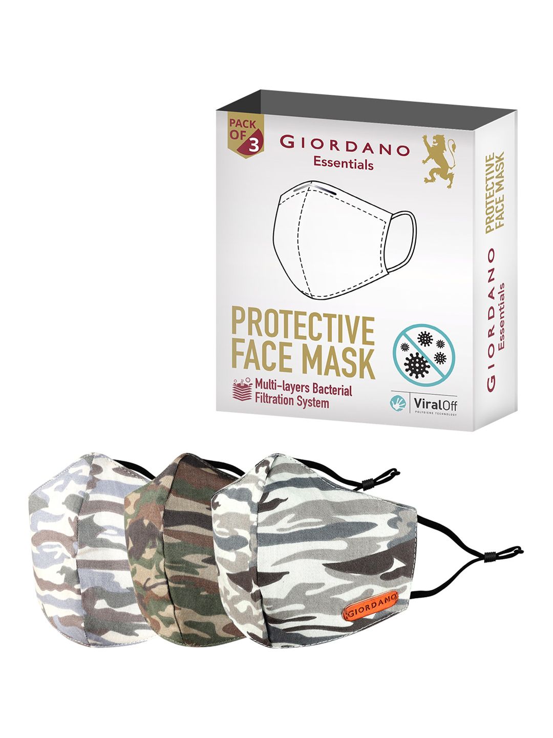 GIORDANO Unisex Pack Of 3 Camouflage Print 6-Ply Multi-Layer Bacterial Filtration Cotton Cloth Mask Price in India