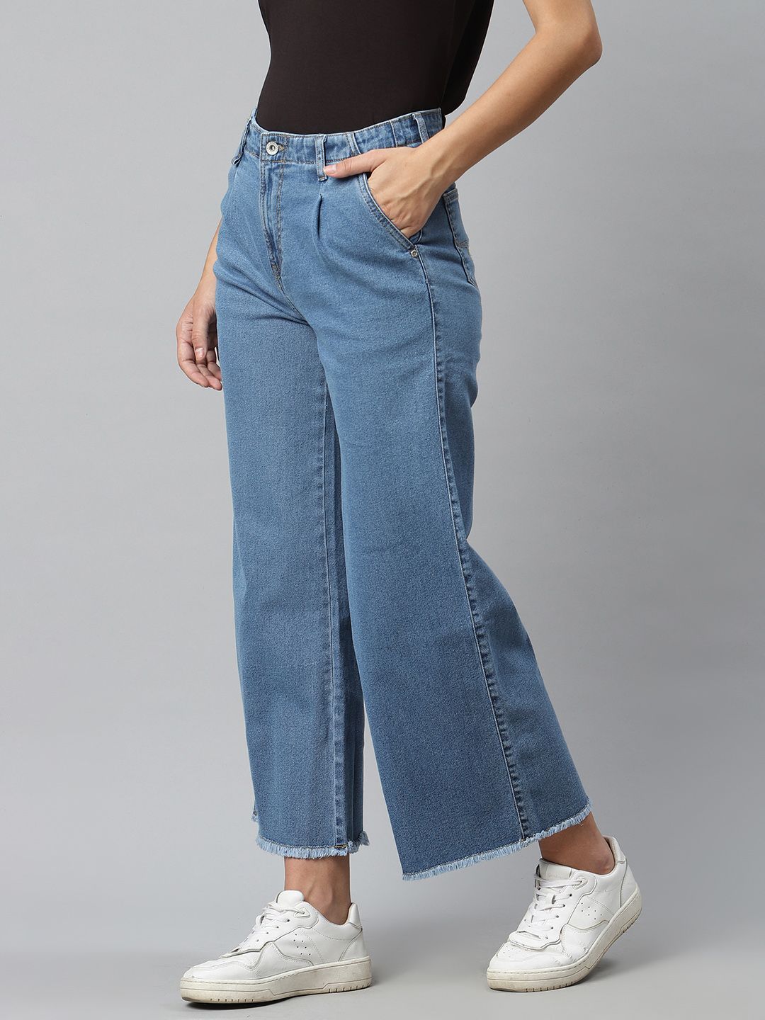 The Roadster Lifestyle Co Women Blue Wide Leg High-Rise Clean Look Stretchable Frayed Hem Jeans Price in India