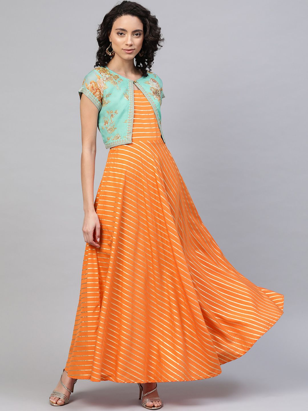 Ahalyaa Orange & Sea Green Striped Maxi Dress with Ethnic Jacket Price in India