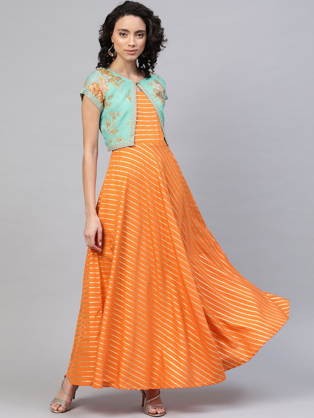 Ahalyaa Women Orange & Sea Green Striped Maxi Dress with Ethnic Jacket