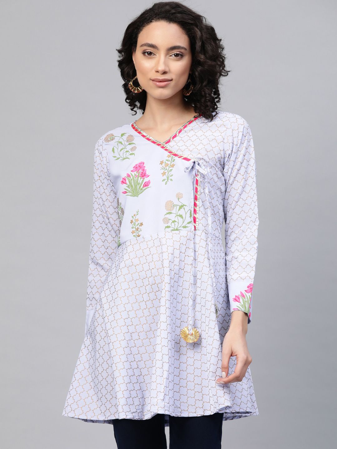 Ahalyaa Women Blue & Pink Ethnic Print Angrakha Tunic Price in India