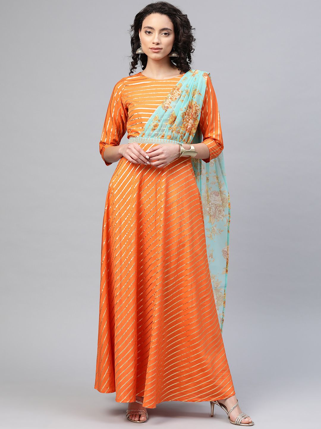 Ahalyaa Women Orange & Golden Foil Print Striped Anarkali Kurta With Attached Dupatta Price in India