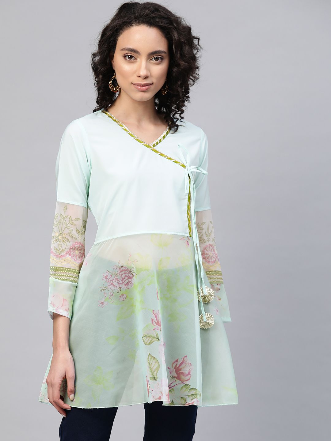 Ahalyaa Women Sea Green & Pink Floral Print Semi-Sheer Angrakha Tunic Price in India