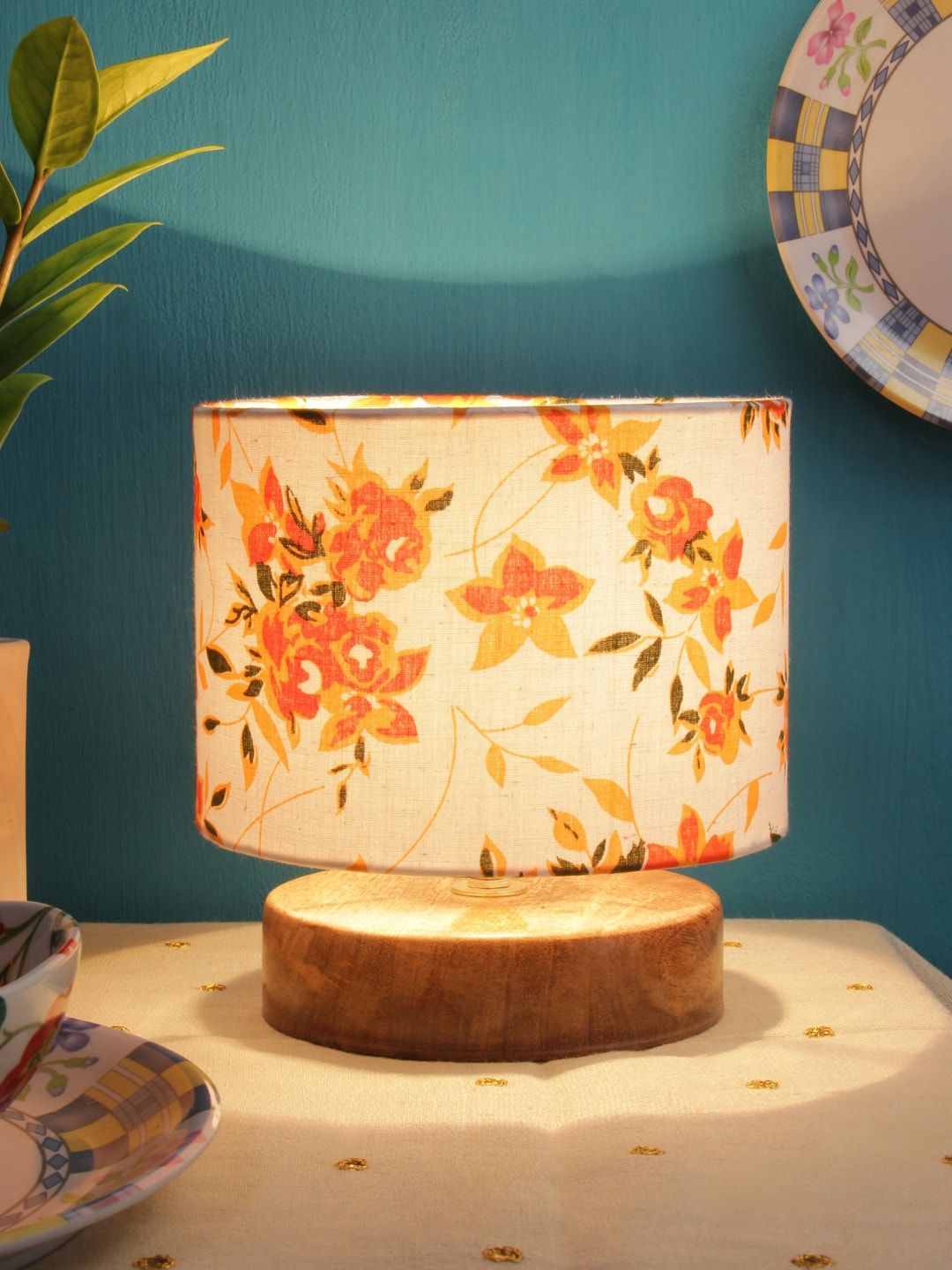 Devansh White & Orange Floral Print Cotton Shade Table Lamp With Wood Base Price in India