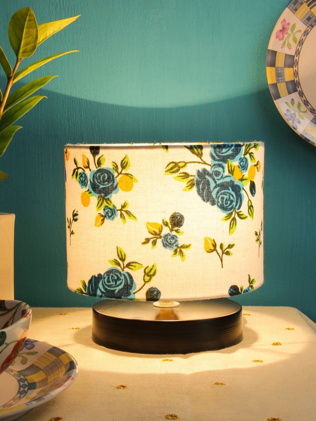Devansh White & Blue Printed Cotton Shade Bedside Standard Lamp Price in India
