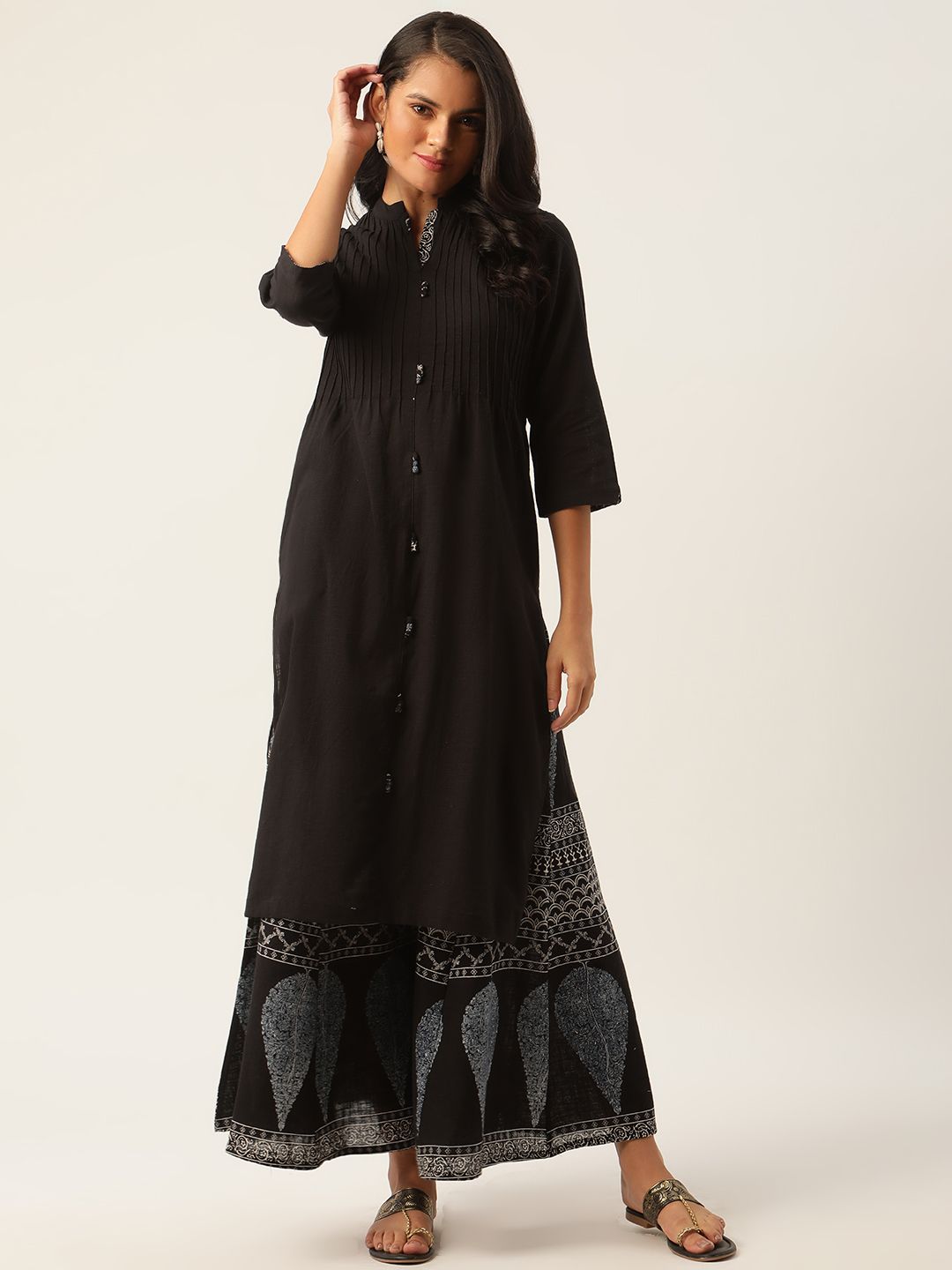 Sangria Women Black Ethnic Motifs Yoke Design Pleated Pure Cotton Kurta with Palazzos