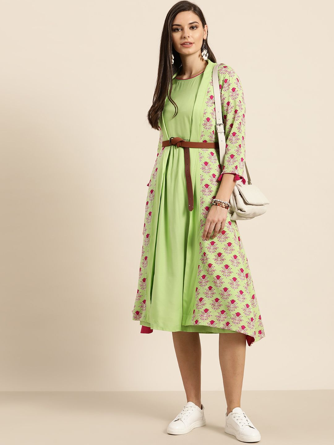 Sangria Green & Magenta Pure Cotton Ethnic Motifs Printed A-Line Layered Dress Price in India