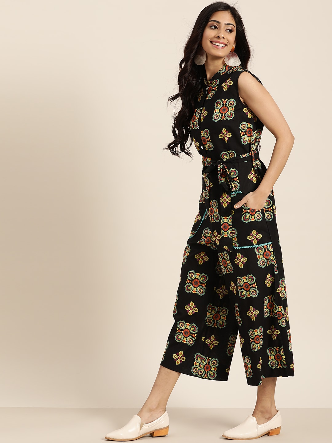 Sangria Women Black & Yellow Printed Basic Jumpsuit with Belt Price in India