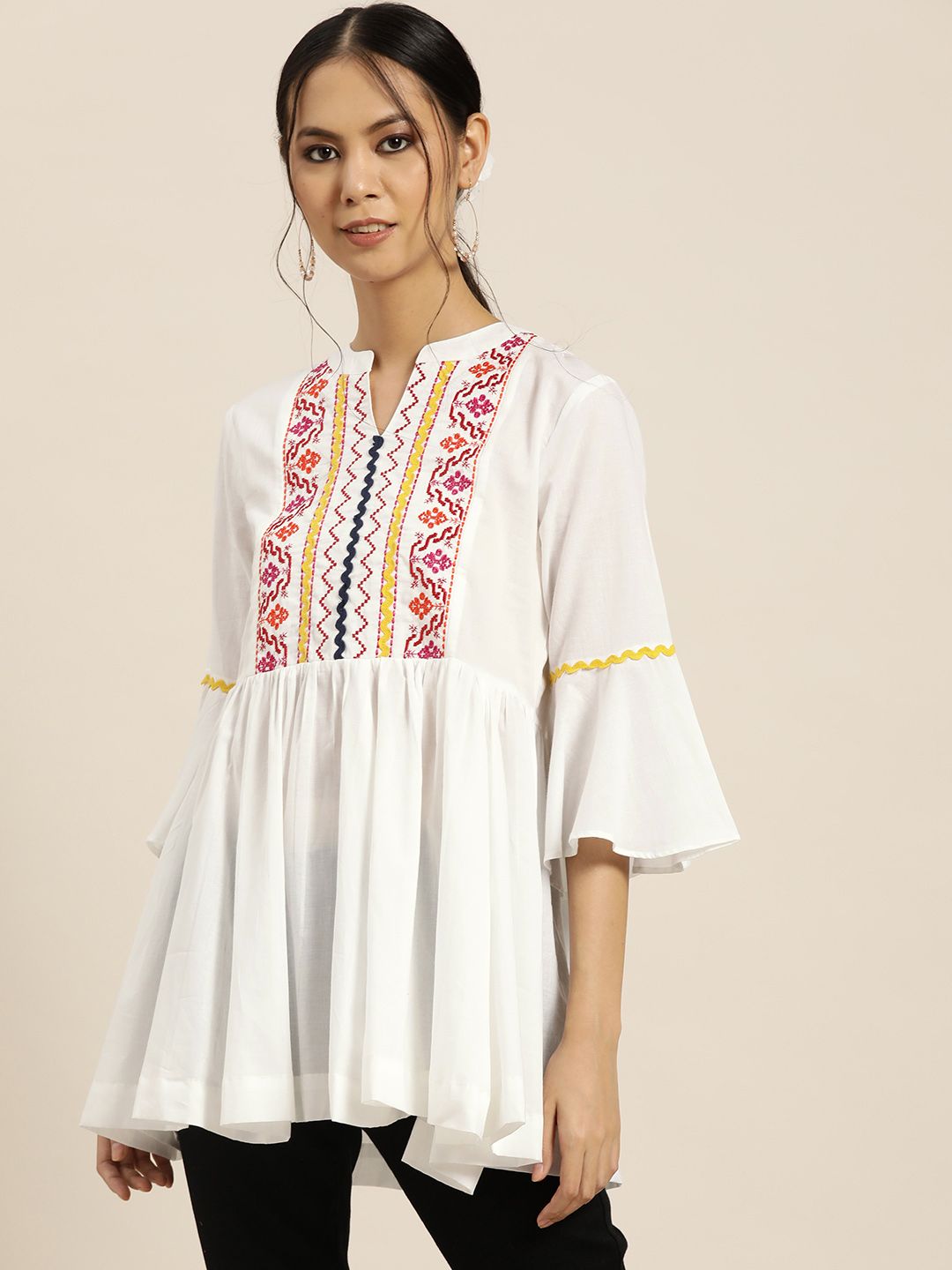Sangria Women White & Pink Yoke Embroidered Pure Cotton Fusion A-Line Top