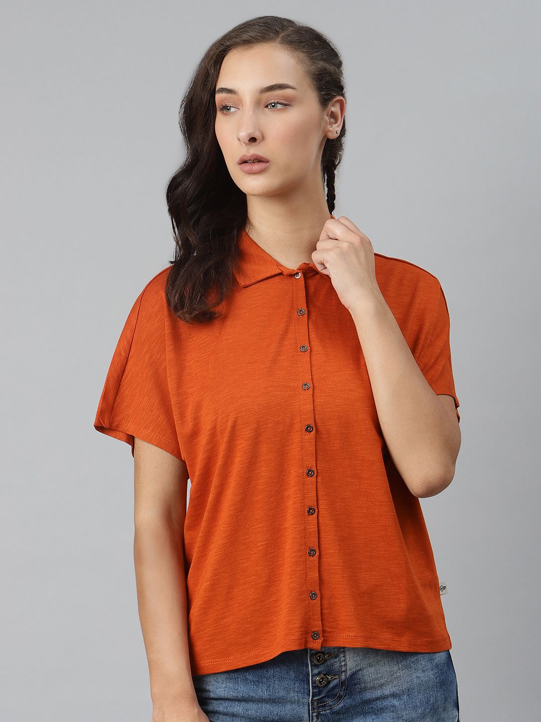 Roadster Women Rust Orange Stretchable Regular Fit Solid Casual Shirt