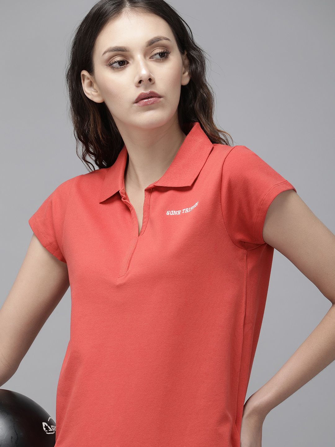 Roadster Women Coral Red Solid Polo Collar T-shirt