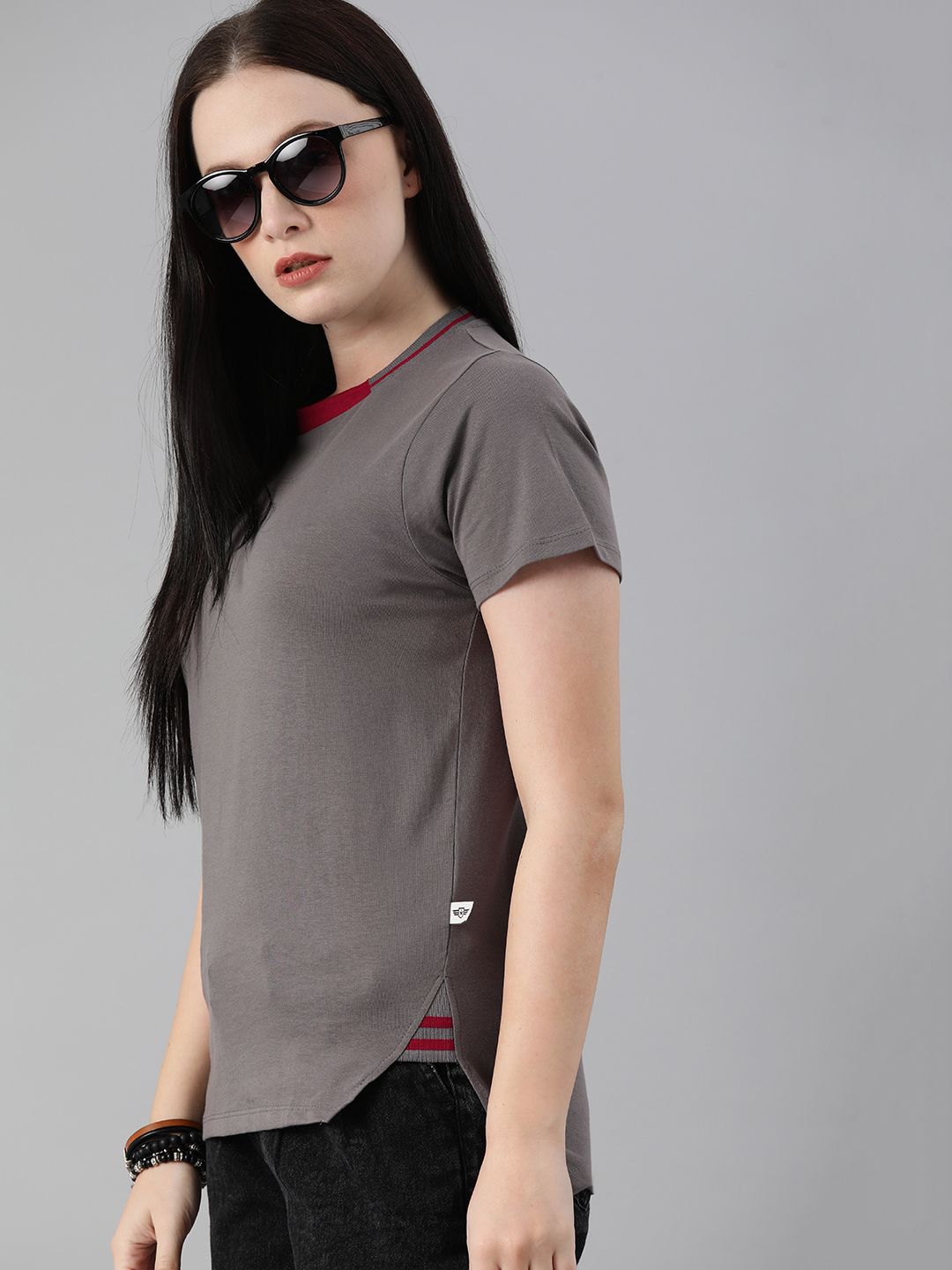 Roadster Women Charcoal Grey Contrast Tipping Rib T-shirt