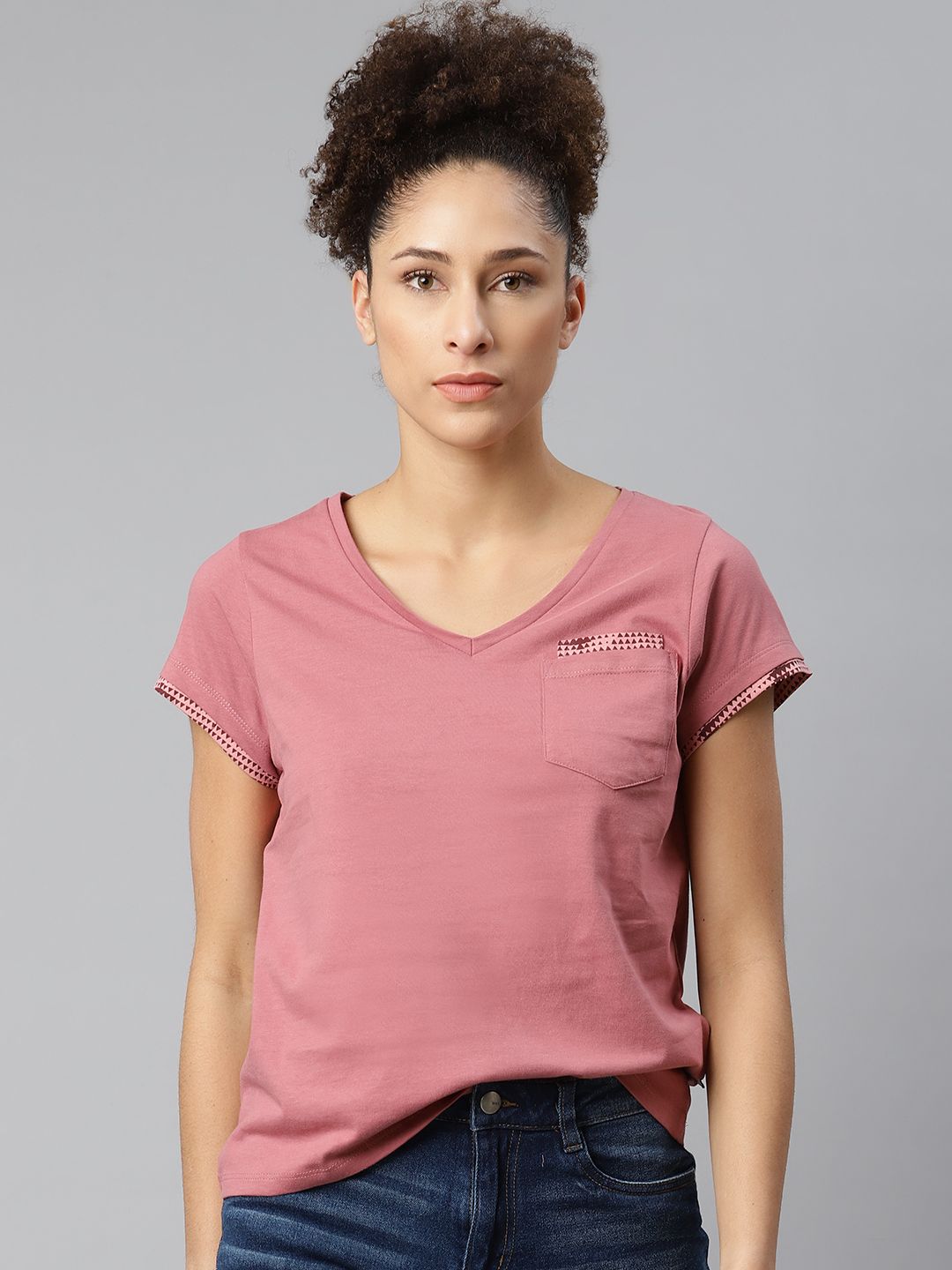 Roadster Women Dusty Pink Pure Cotton V-Neck T-shirt