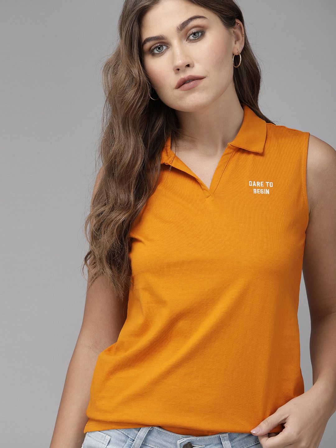 Roadster Women Orange Solid Polo Collar T-shirt