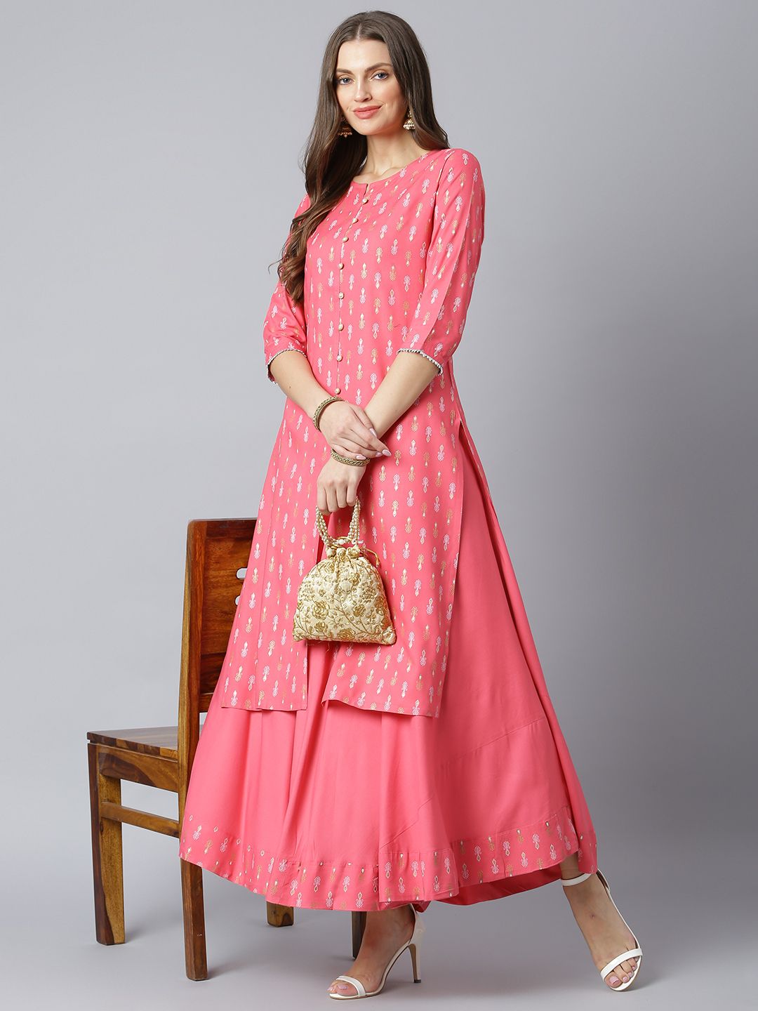 Khushal K Women Pink & White Printed Kurta with Solid Flared Maxi Skirt Price in India