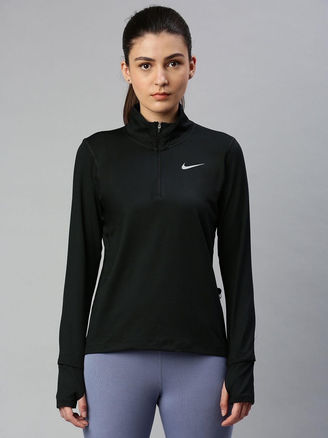 Nike Women Black Standard Fit ELEMENT HZ Dri-FIT High Neck Running T-shirt Price in India