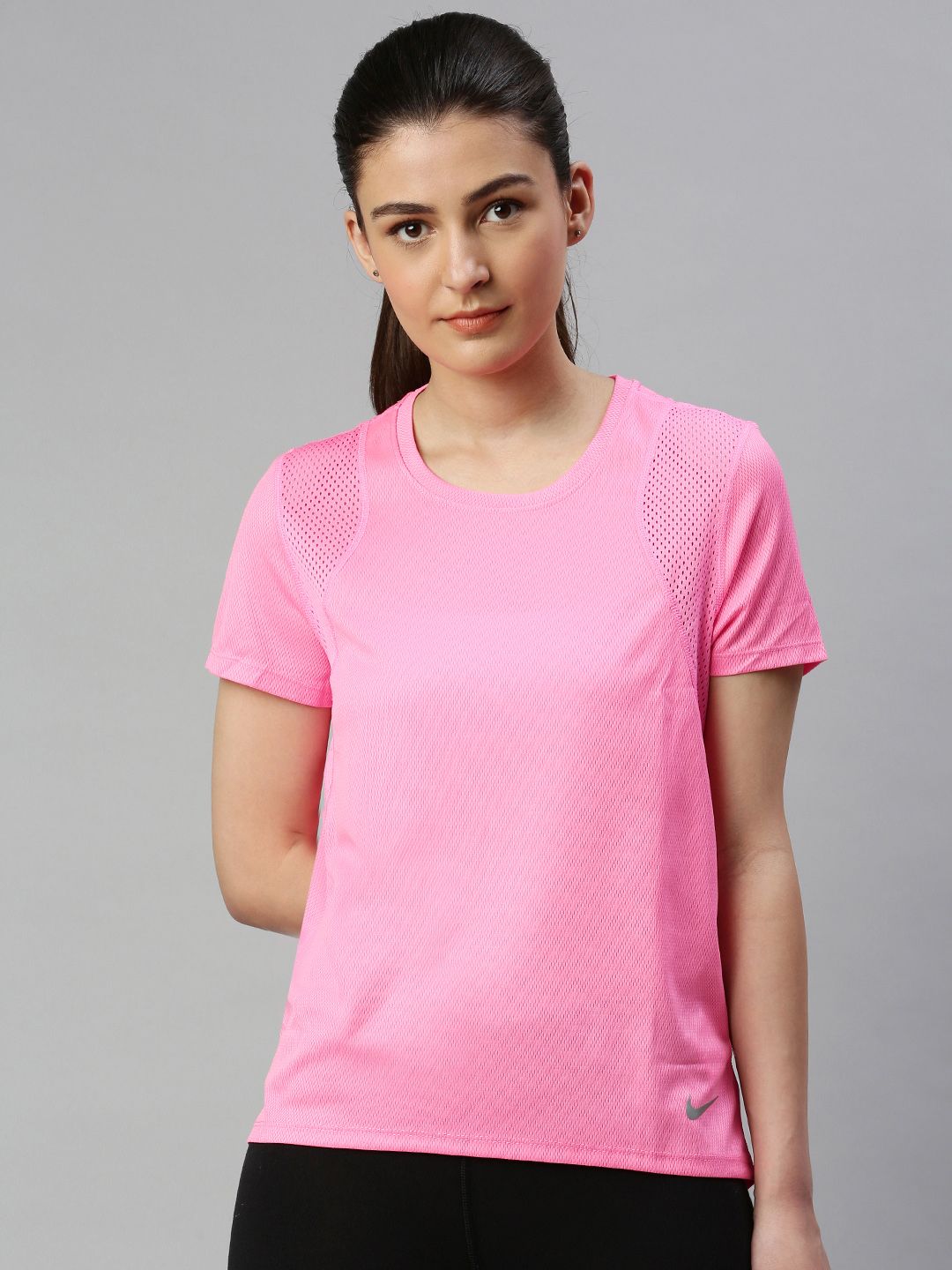 Nike Women Pink Standard Fit Self Design Dri-FIT Round Neck SS Running T-shirt Price in India