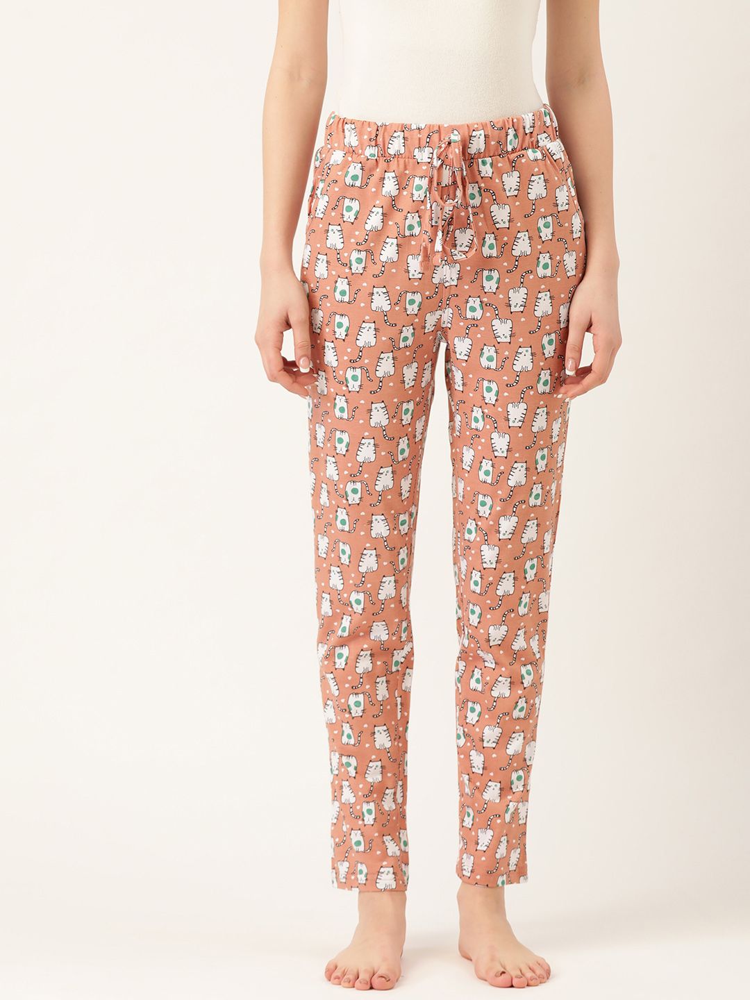 Sweet Dreams Peach-Coloured & White Cat Printed Cotton Lounge Pants Price in India