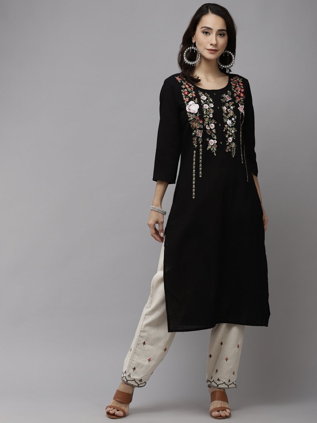 Ishin Women Black & Off-White Embroidered Kurta with Trousers Price in India