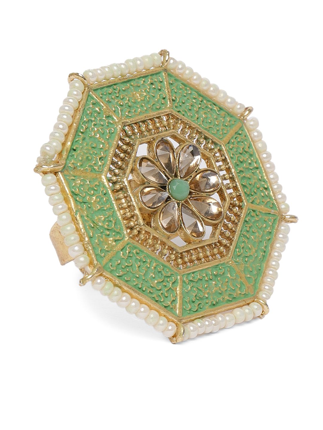Zaveri Pearls Green Gold-Plated Meenakari Adjustable Finger Ring Price in India