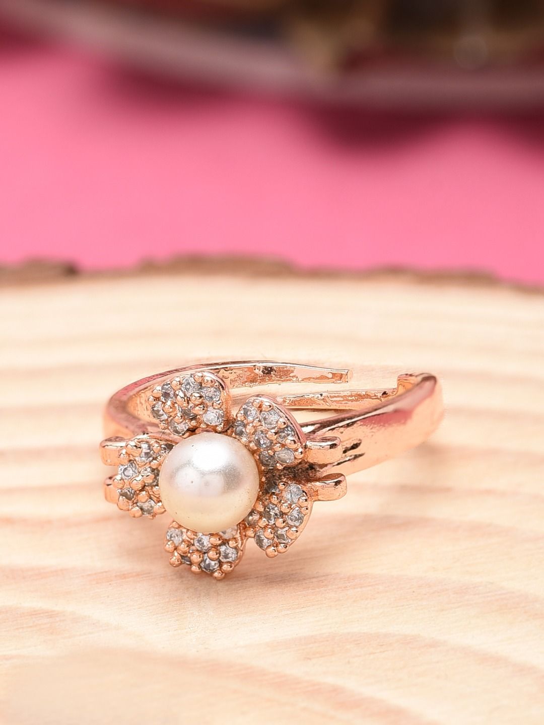 Zaveri Pearls Rose Gold-Plated Cubic Zirconia & Pearl Studded Adjustable Finger Ring Price in India