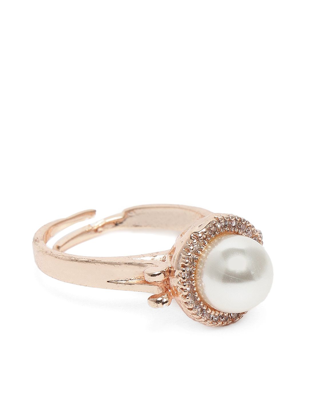Zaveri Pearls Rose Gold-Plated Cubic Zirconia & Pearl Studded Adjustable Finger Ring Price in India