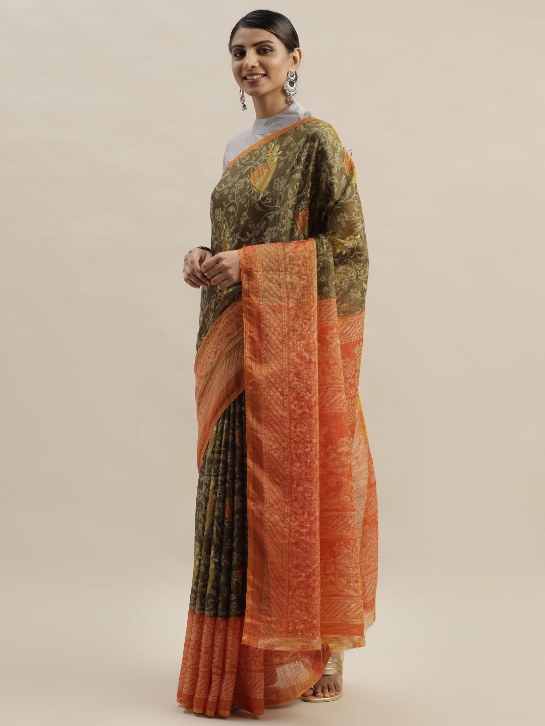 KALINI Brown & Coral Brasso Printed Saree