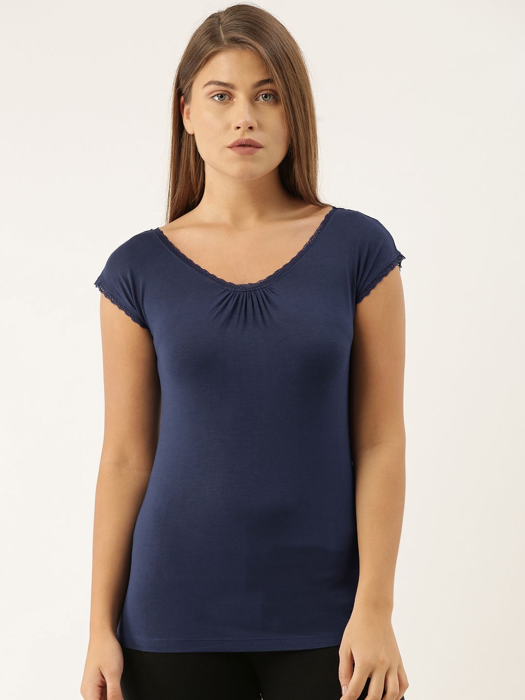 Fruit of the loom Women Navy Blue Solid Lounge T-shirts Price in India
