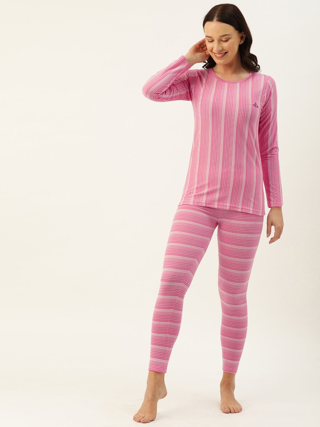 Clt.s Women Pink & White Striped Night suit Price in India