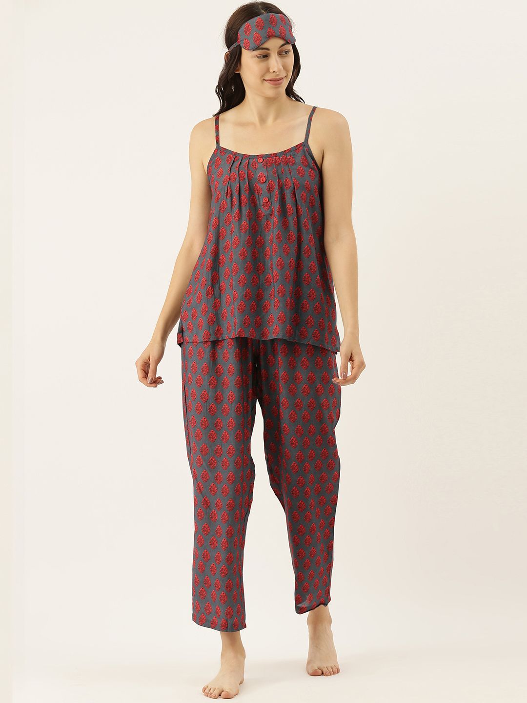 Clt.s Women Charcoal Grey & Red Ethnic Print Night suit with Sleeping Eye-Mask Price in India