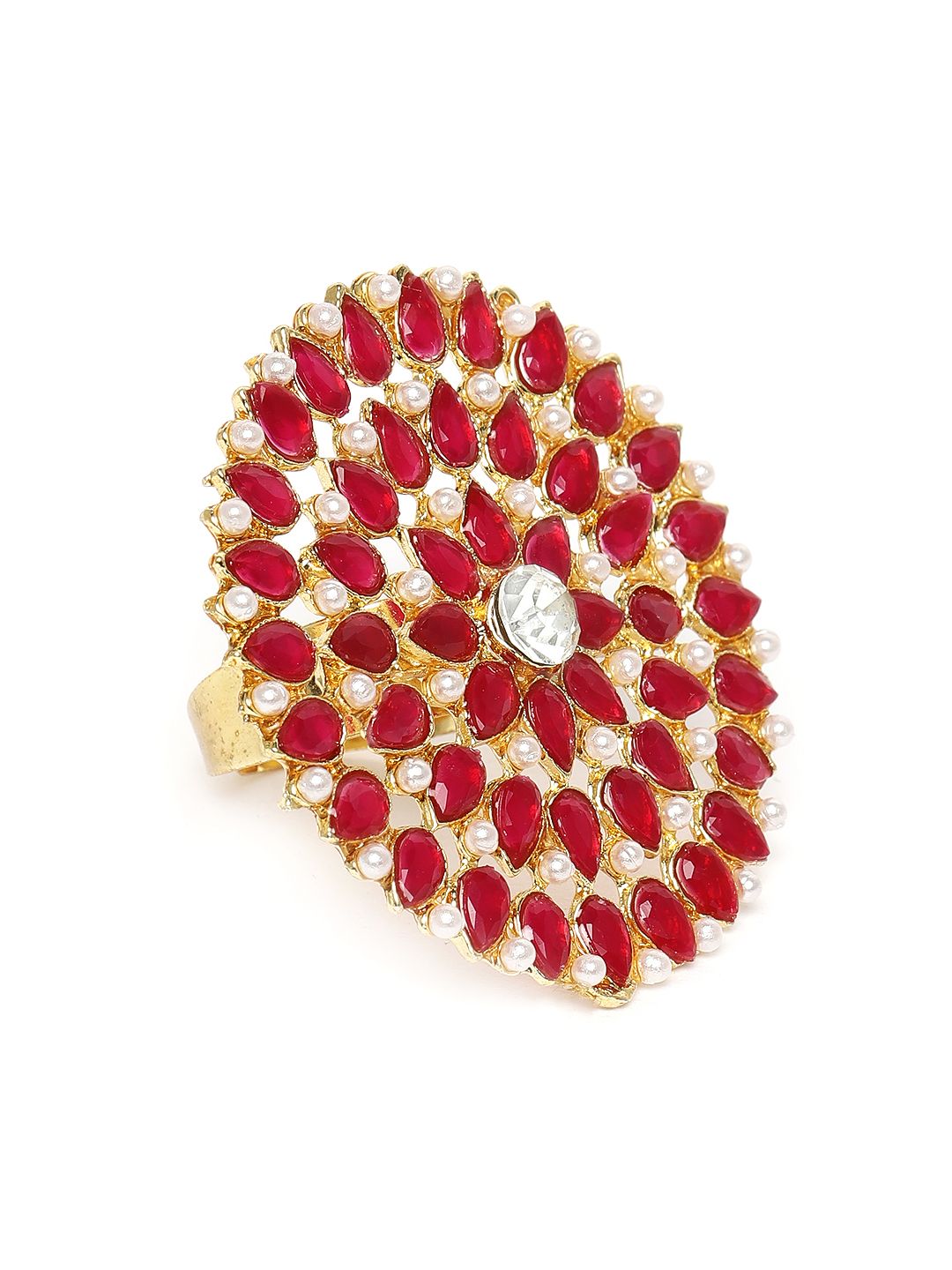 Kord Store Red Gold-Plated Kundan Studded Circular Adjustable Finger Ring Price in India