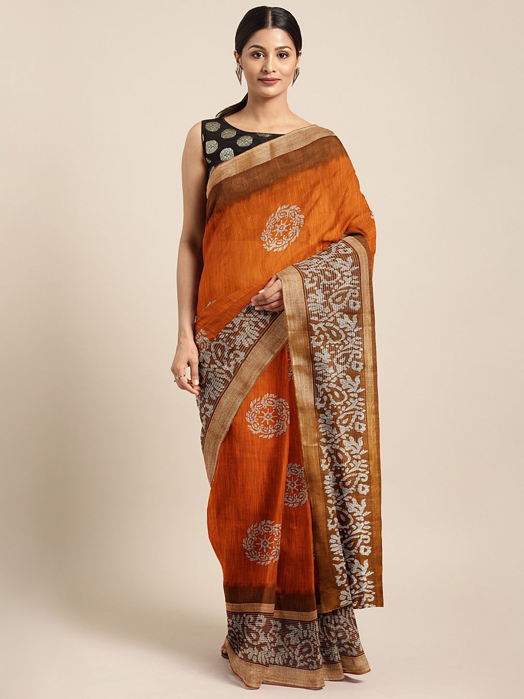 KALINI Orange & Brown  Printed Saree