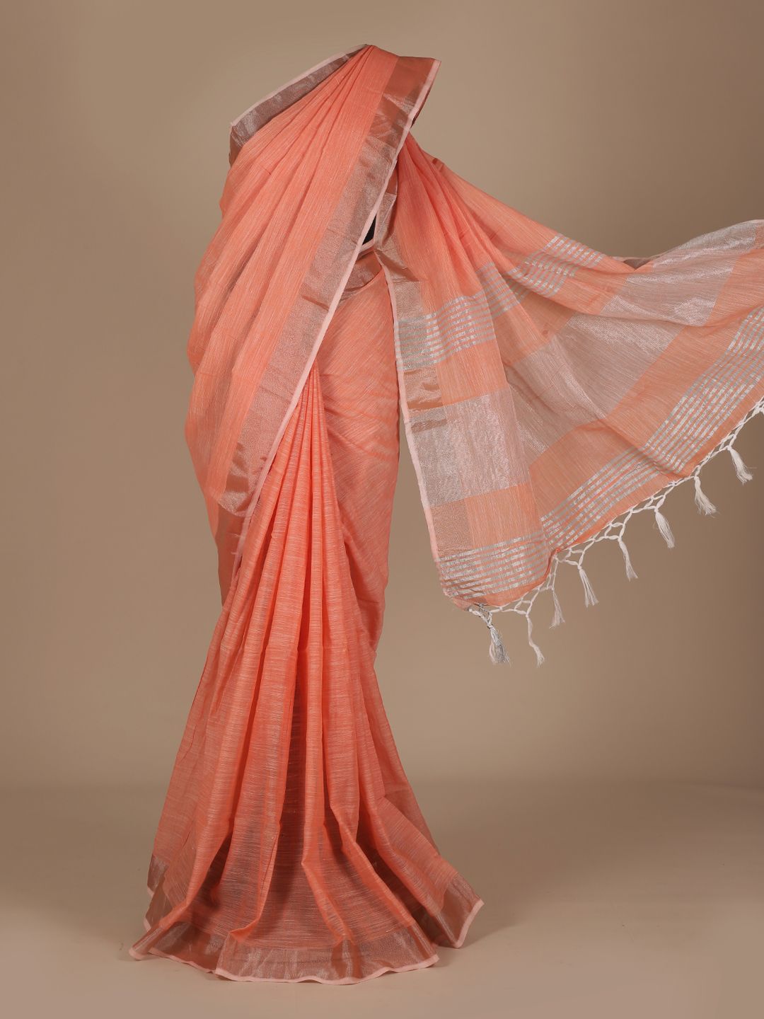 Pothys Peach-Coloured Solid Linen Saree with Jhalar Pallu