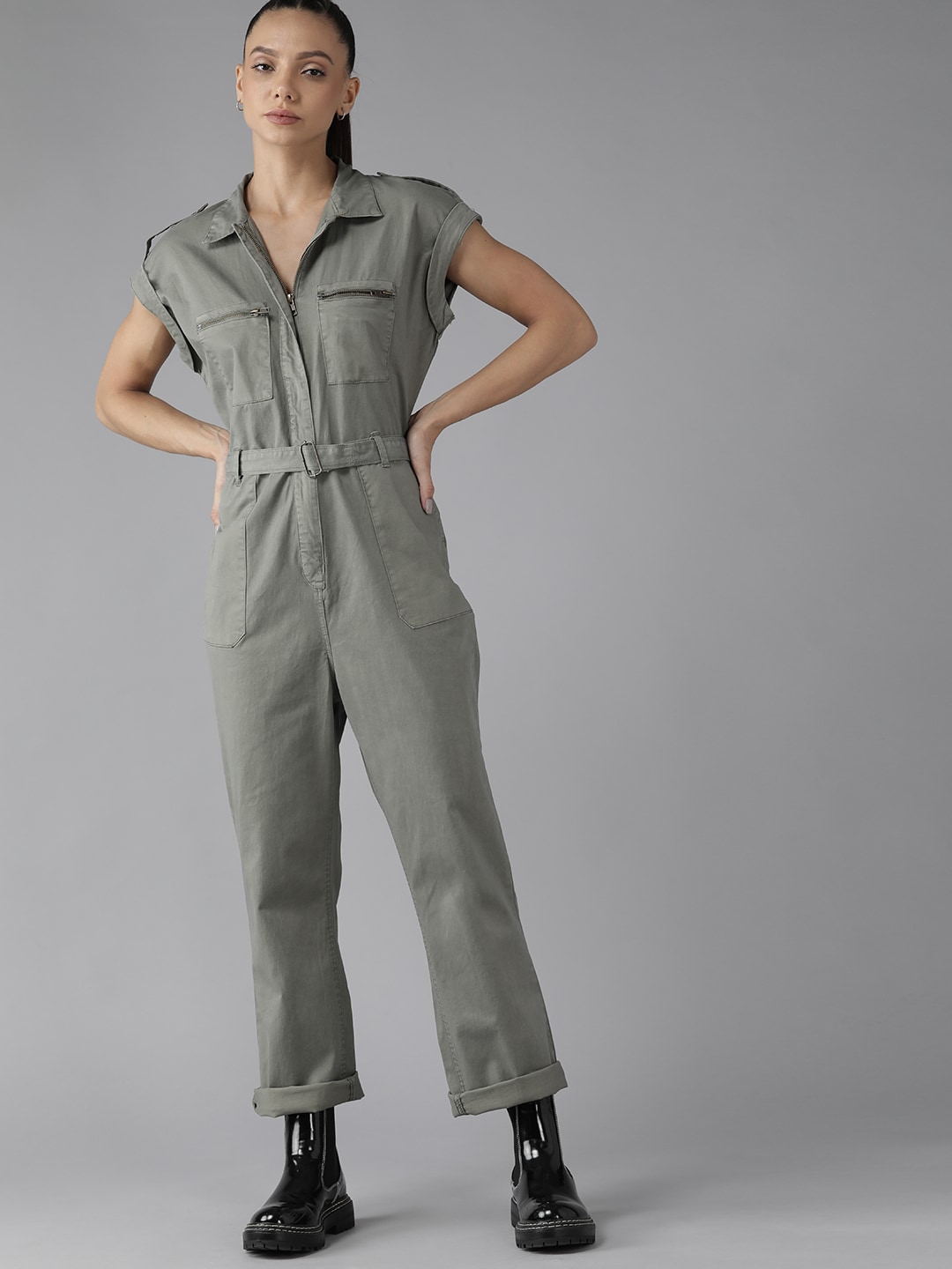 Roadster Sage Green Solid Boiler Jumpsuit With Fabric Belt Price in India