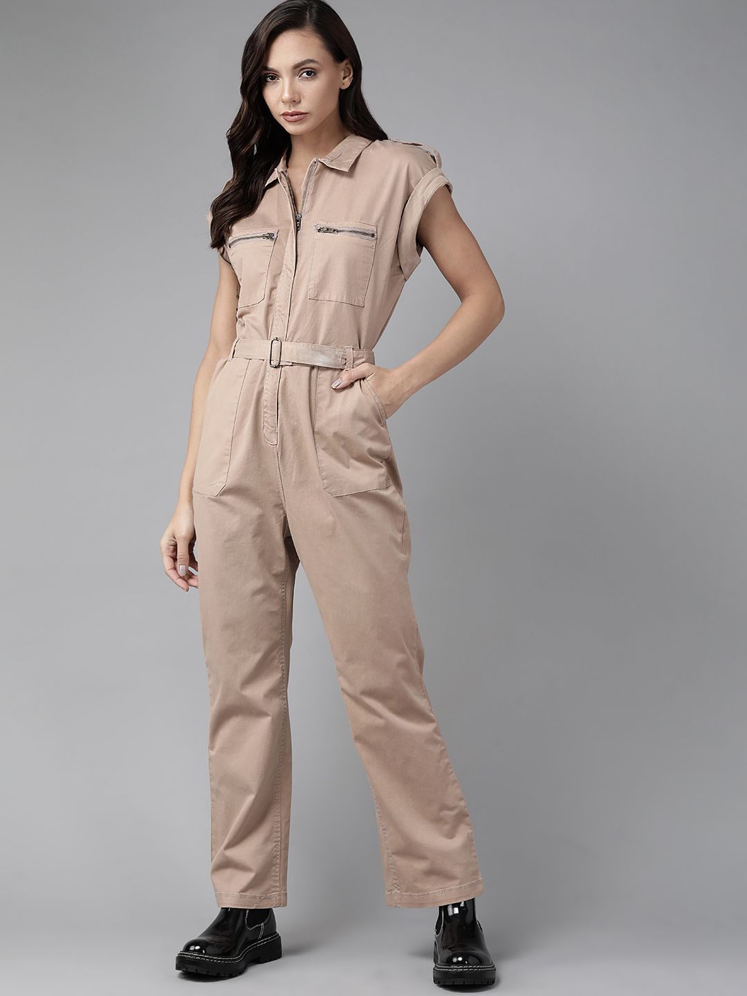Roadster Women Beige Solid Shirt Collar Extended Sleeves Shoulder Tabs Basic Jumpsuit Price in India