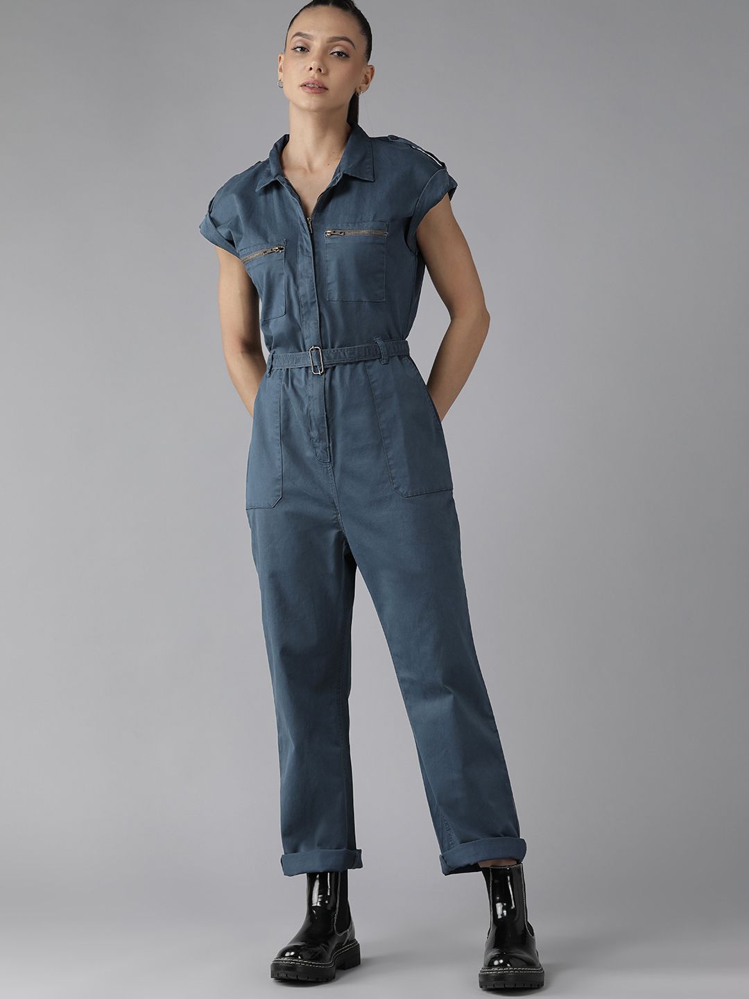 Roadster Women Teal Blue Solid Boiler Jumpsuit With Fabric Belt Price in India
