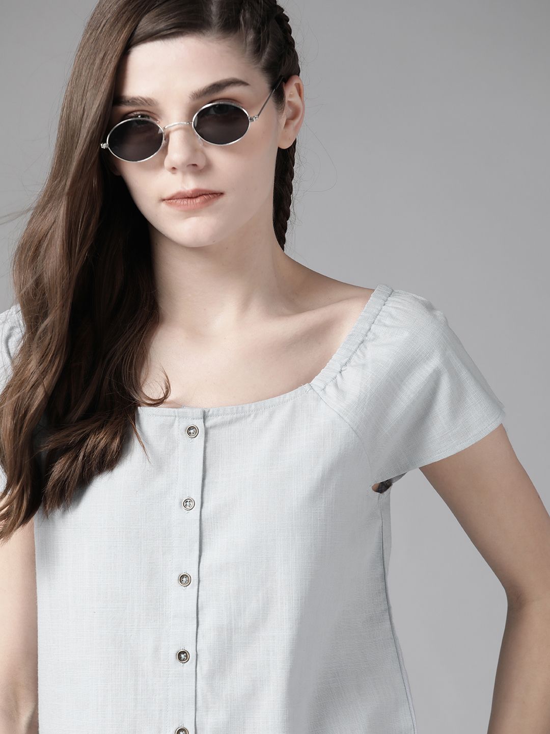 The Roadster Lifestyle Co Blue Solid Pure Cotton Top