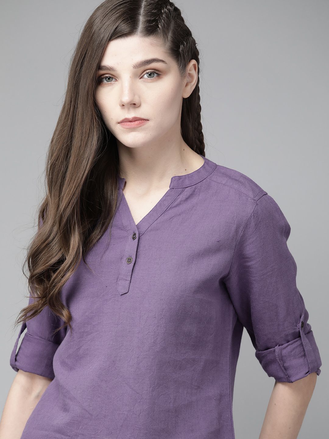The Roadster Lifestyle Co Purple Cotton Linen Solid Mandarin Collar Top Price in India