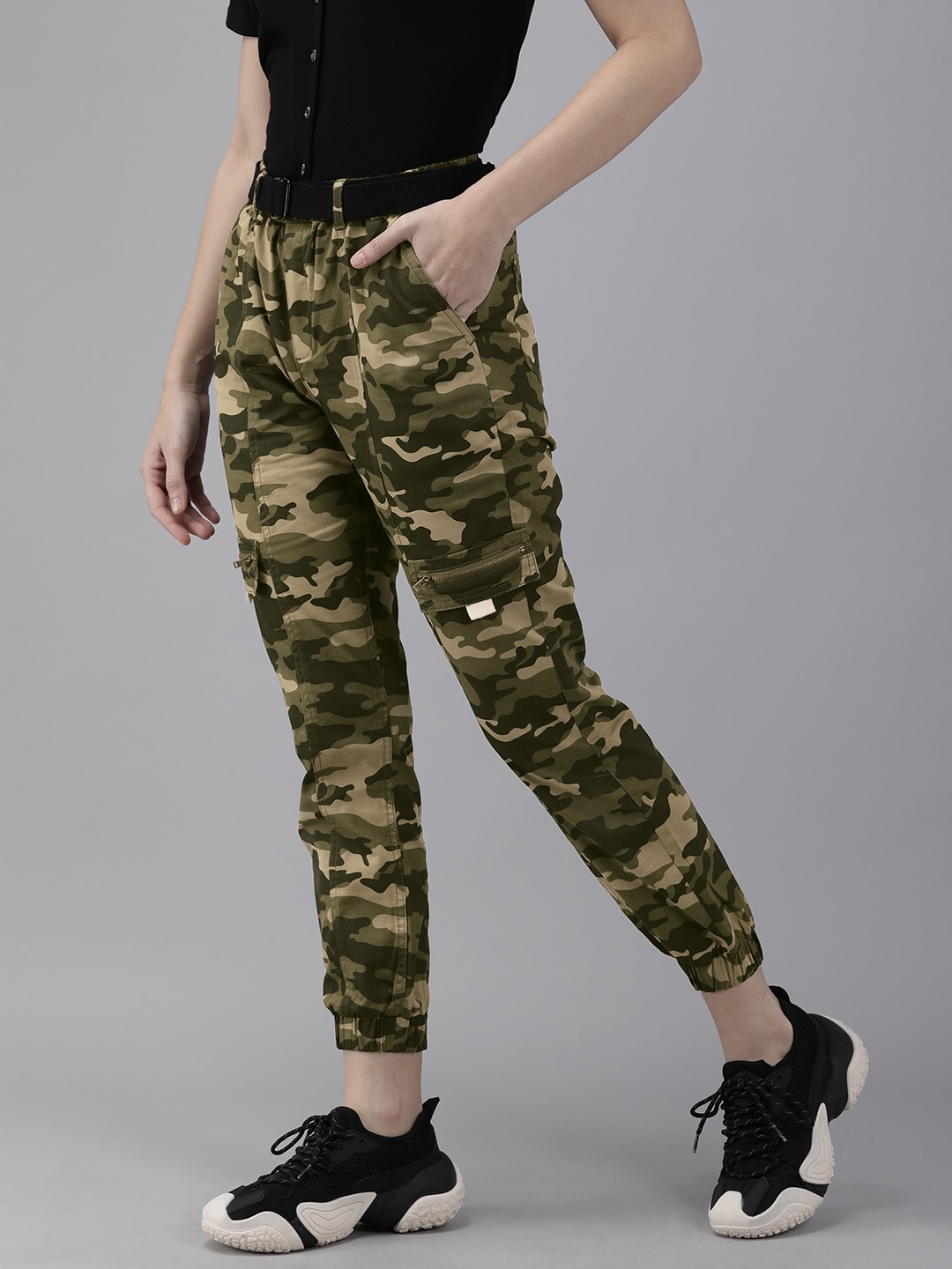The Roadster Lifestyle Co Women Olive Green Camouflage Printed Pleated Joggers Price in India