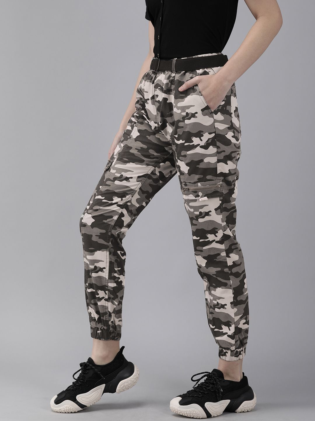 The Roadster Lifestyle Co Women Grey Camouflage Printed Pure cotton Joggers Price in India