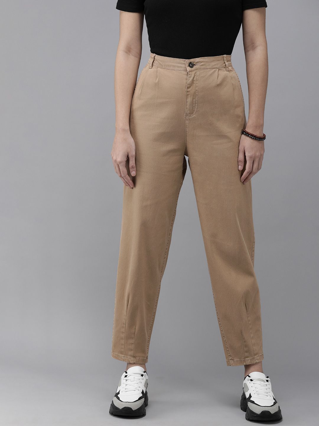 The Roadster Lifestyle Co Women Beige Pleated Chinos Price in India
